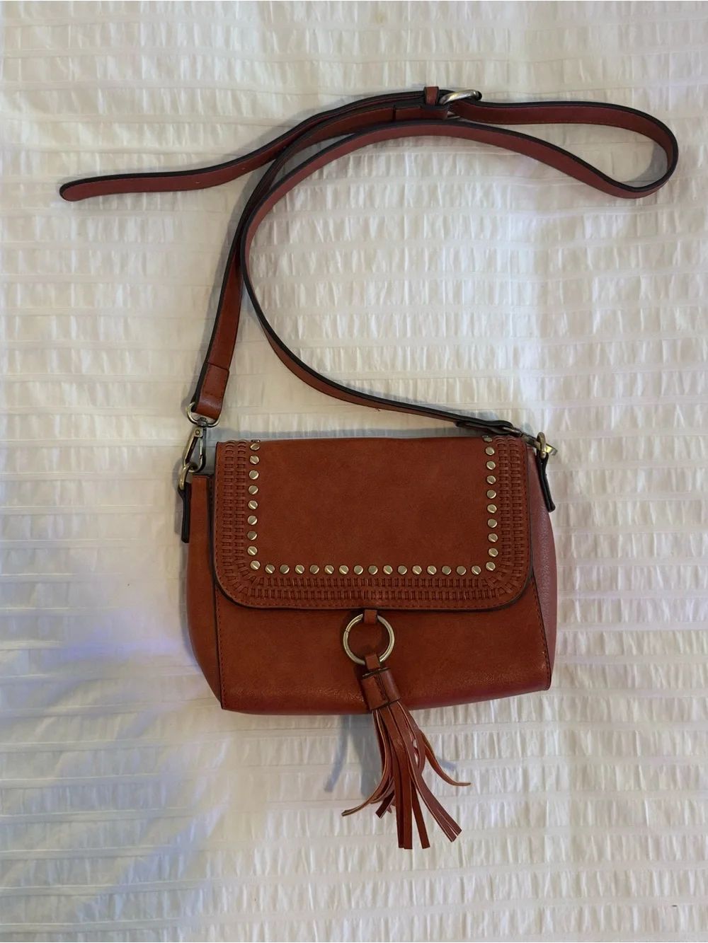 Tassel Studded Crossbody Bag - Brown